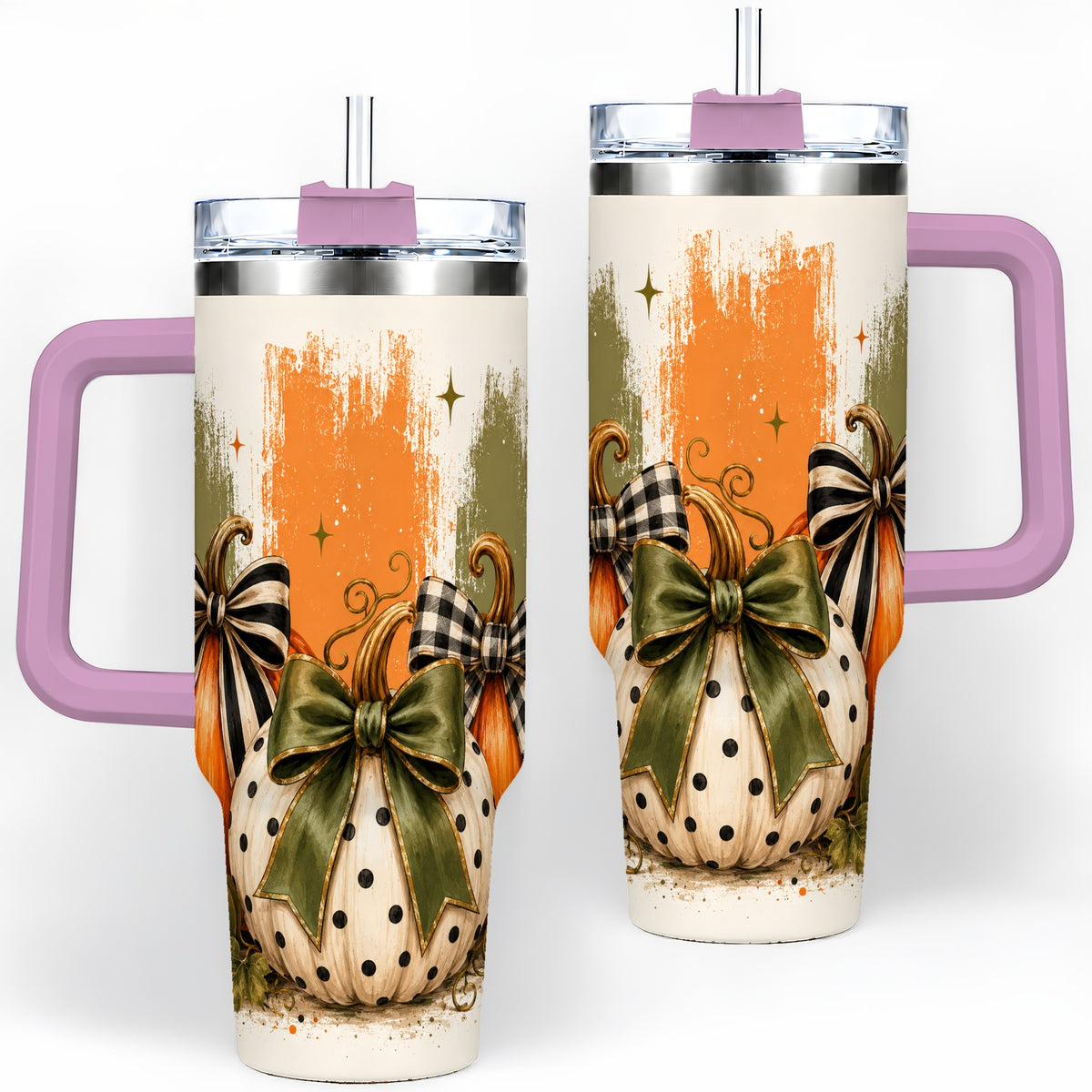 #pl[40oz|Pink] Bow Pumpkin Fall 40oz Tumbler, Plaid Polka Dot Autumn Artwork