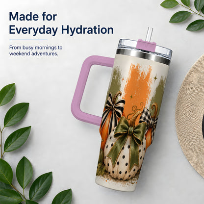 #pl[40oz|Pink] Bow Pumpkin Fall 40oz Tumbler, Plaid Polka Dot Autumn Artwork