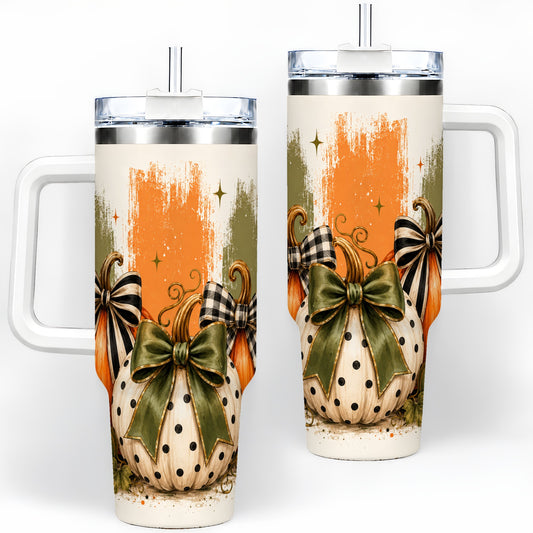 Bow Pumpkin Fall 40oz Tumbler, Plaid Polka Dot Autumn Artwork
