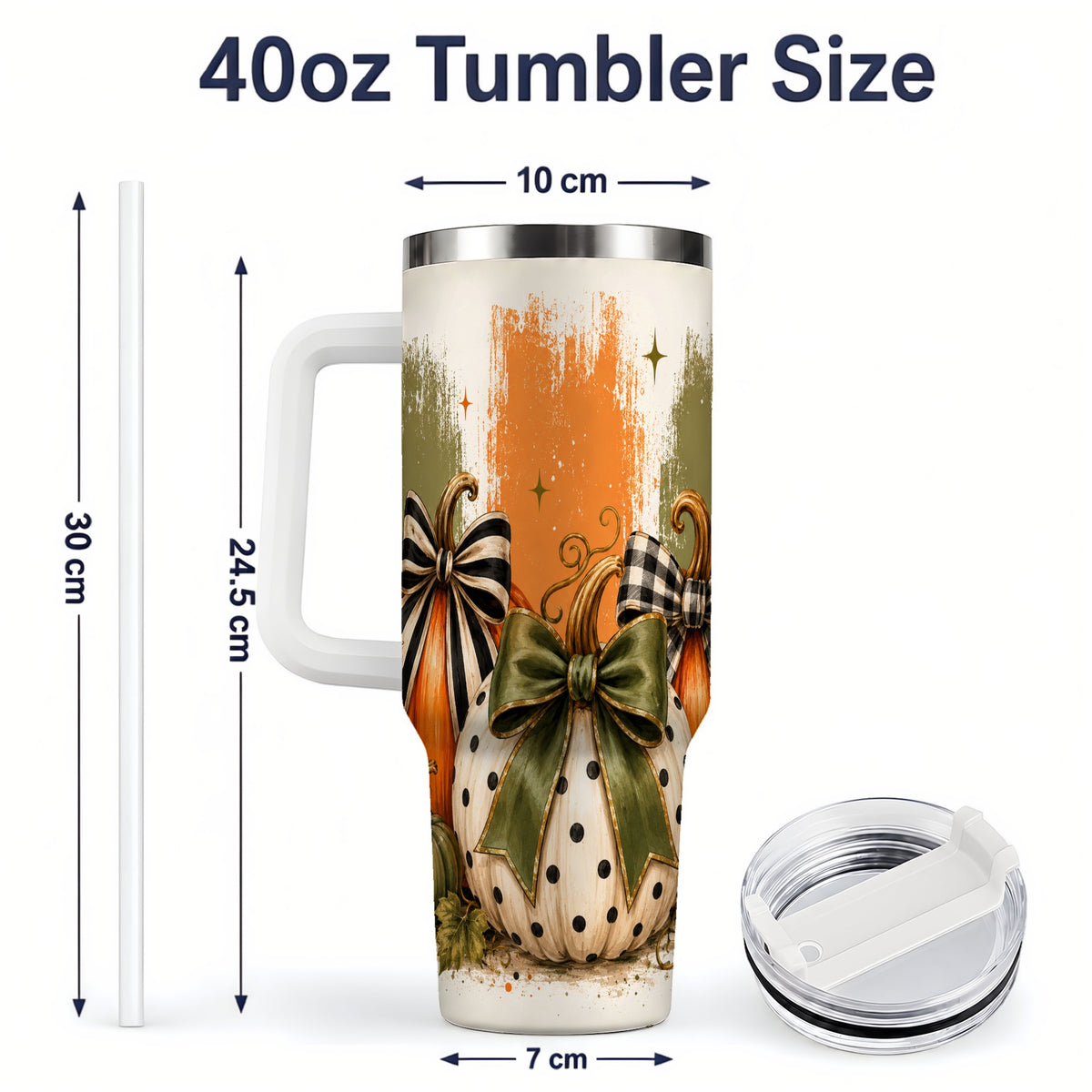 #pl[40oz|White] Bow Pumpkin Fall 40oz Tumbler, Plaid Polka Dot Autumn Artwork