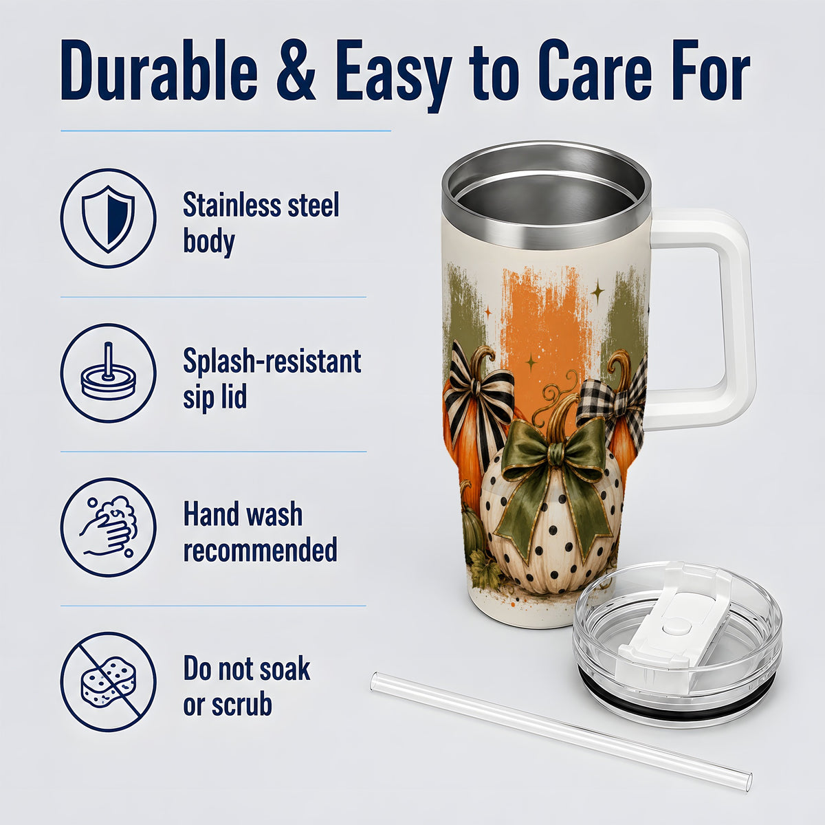 #pl[40oz|White] Bow Pumpkin Fall 40oz Tumbler, Plaid Polka Dot Autumn Artwork
