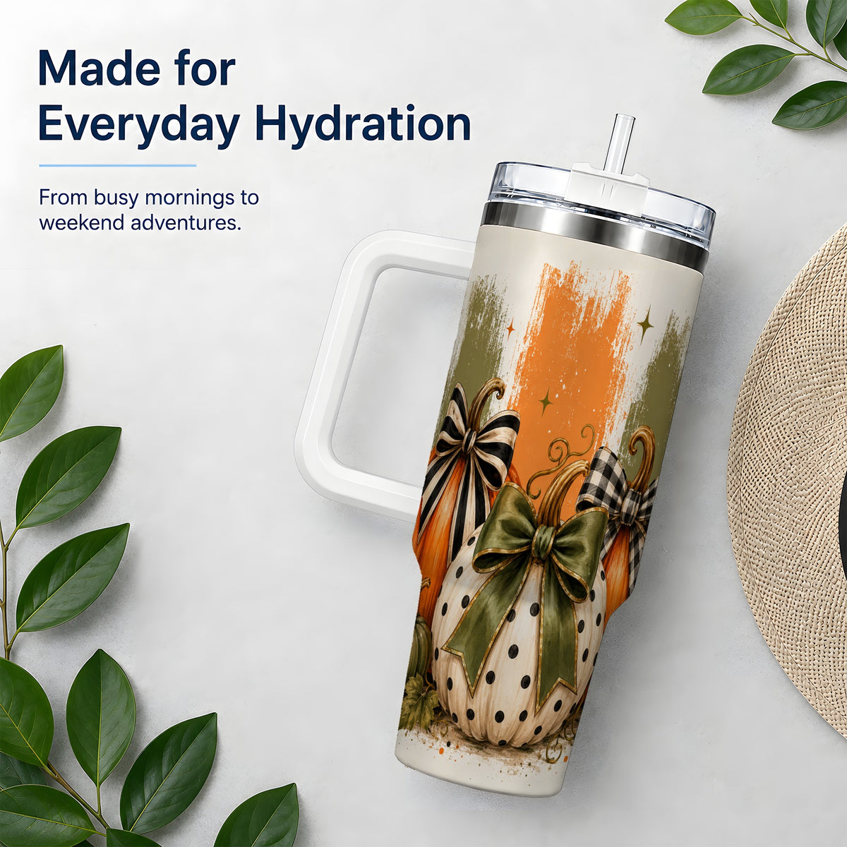 #pl[40oz|White] Bow Pumpkin Fall 40oz Tumbler, Plaid Polka Dot Autumn Artwork