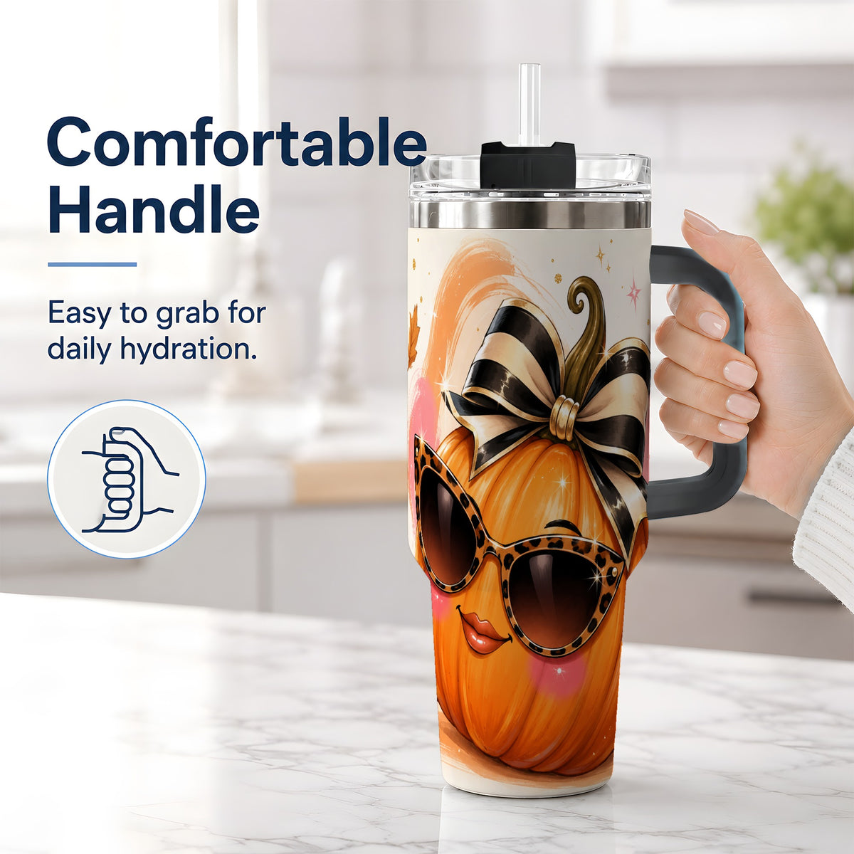 #pl[40oz|Black] Sassy Pumpkin Halloween 40oz Tumbler, Leopard Sunglasses Artwork