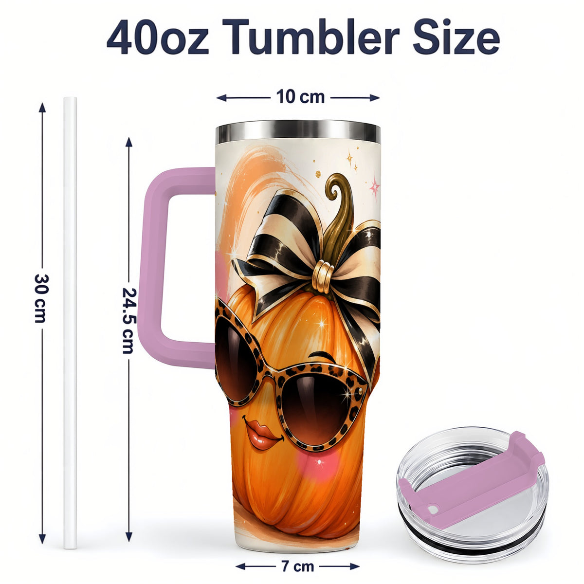 #pl[40oz|Pink] Sassy Pumpkin Halloween 40oz Tumbler, Leopard Sunglasses Artwork