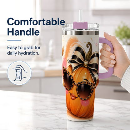 #pl[40oz|Pink] Sassy Pumpkin Halloween 40oz Tumbler, Leopard Sunglasses Artwork
