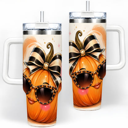 Sassy Pumpkin Halloween 40oz Tumbler, Leopard Sunglasses Artwork