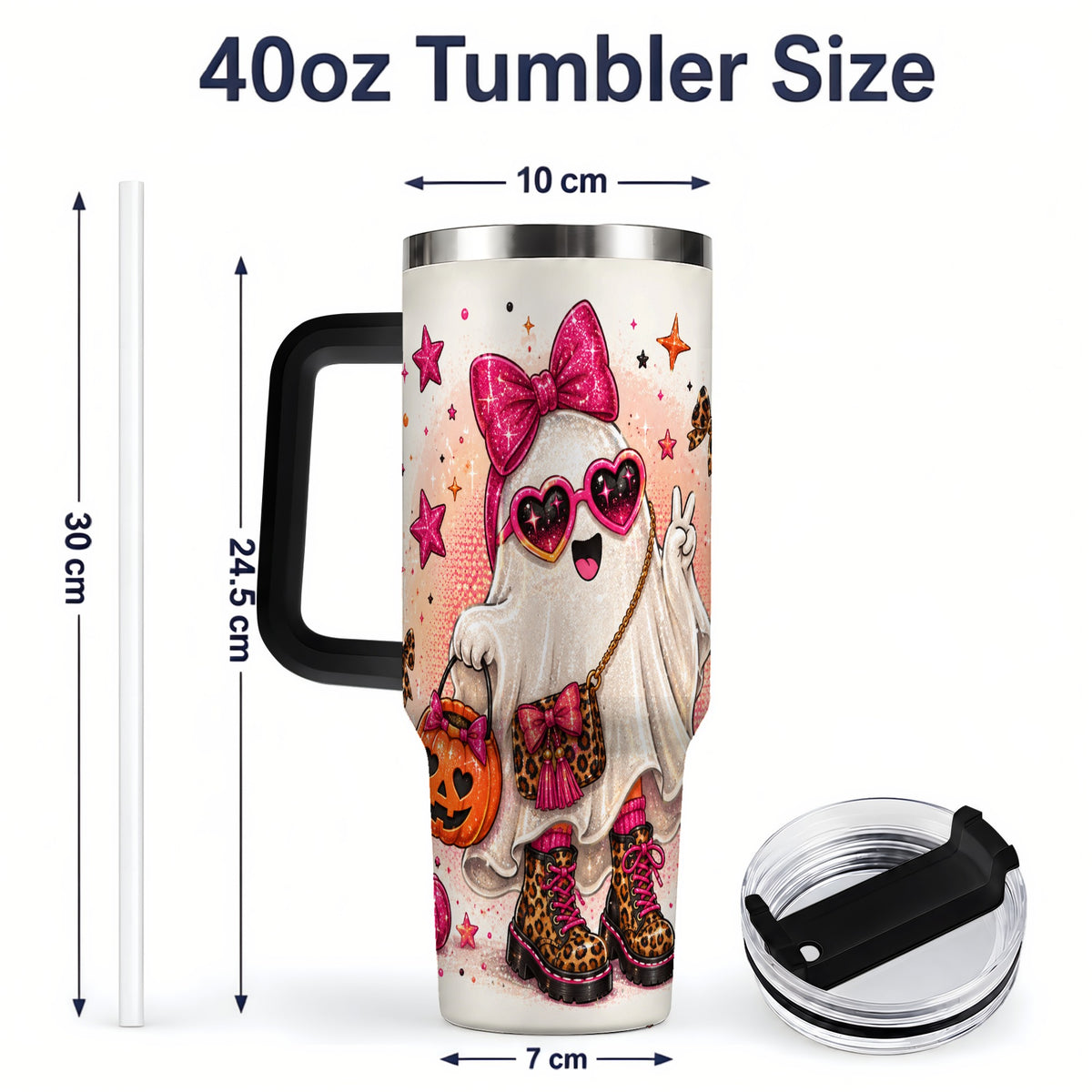 #pl[40oz|Black] Pink Fashion Ghost Halloween 40oz Tumbler, Leopard Spooky Artwork