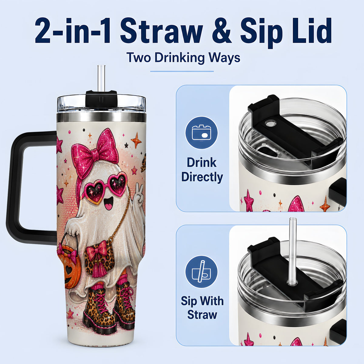 #pl[40oz|Black] Pink Fashion Ghost Halloween 40oz Tumbler, Leopard Spooky Artwork