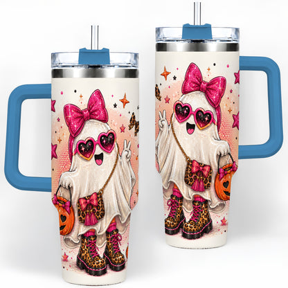 #pl[40oz|Blue] Pink Fashion Ghost Halloween 40oz Tumbler, Leopard Spooky Artwork