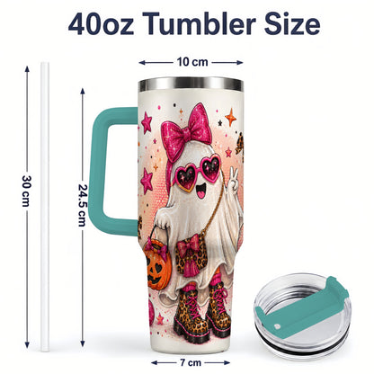 #pl[40oz|Green] Pink Fashion Ghost Halloween 40oz Tumbler, Leopard Spooky Artwork