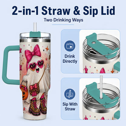 #pl[40oz|Green] Pink Fashion Ghost Halloween 40oz Tumbler, Leopard Spooky Artwork