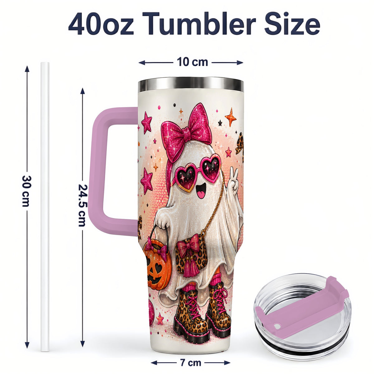 #pl[40oz|Pink] Pink Fashion Ghost Halloween 40oz Tumbler, Leopard Spooky Artwork