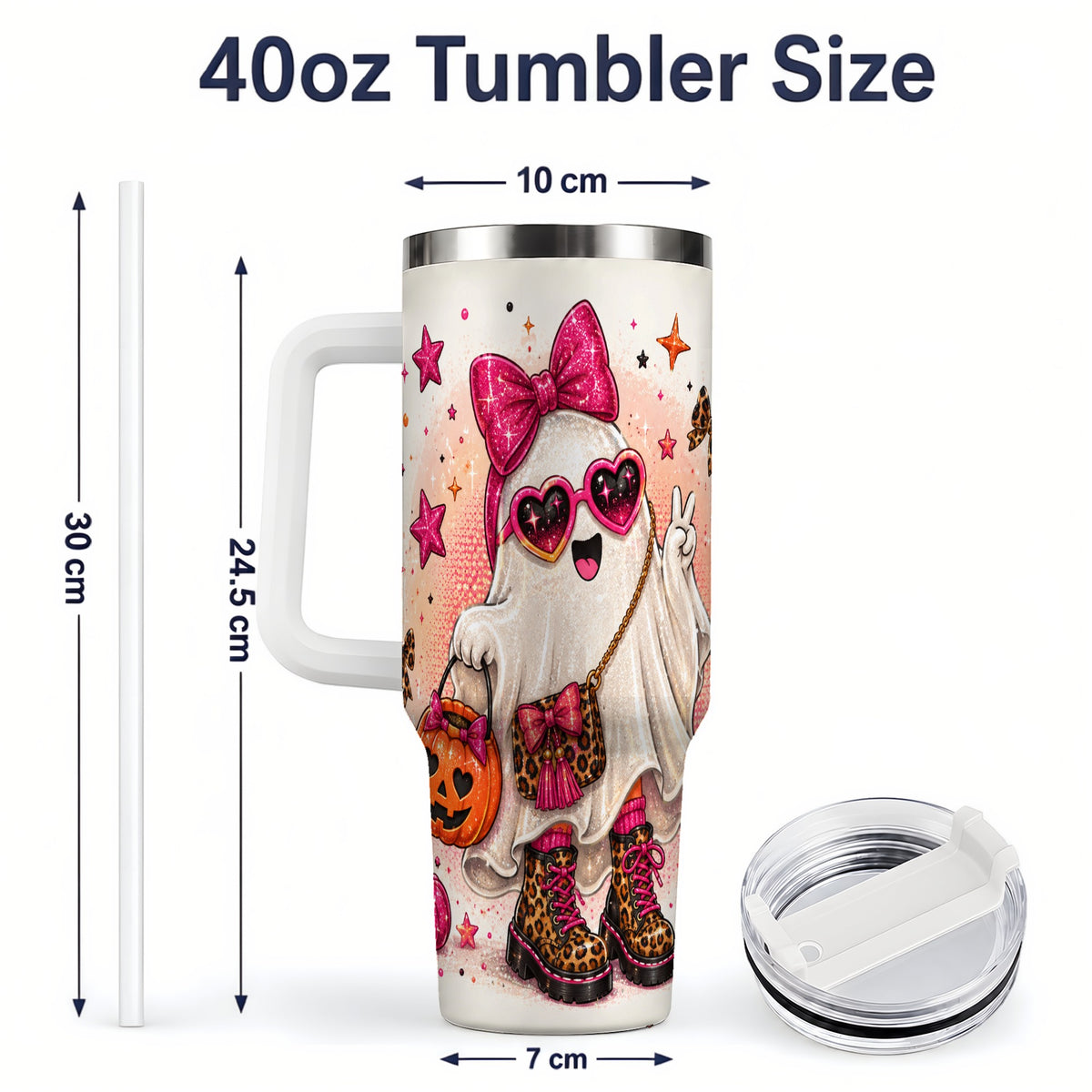 #pl[40oz|White] Pink Fashion Ghost Halloween 40oz Tumbler, Leopard Spooky Artwork