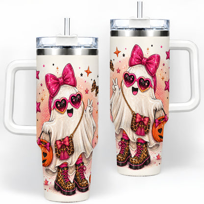 Pink Fashion Ghost Halloween 40oz Tumbler, Leopard Spooky Artwork