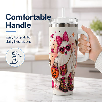 #pl[40oz|White] Pink Fashion Ghost Halloween 40oz Tumbler, Leopard Spooky Artwork