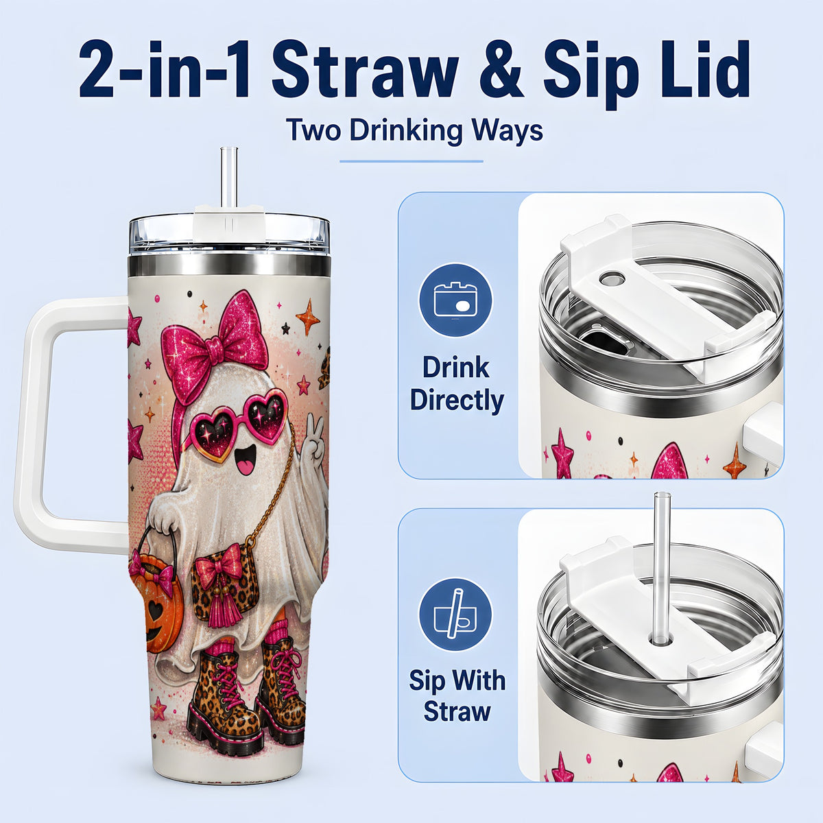 #pl[40oz|White] Pink Fashion Ghost Halloween 40oz Tumbler, Leopard Spooky Artwork