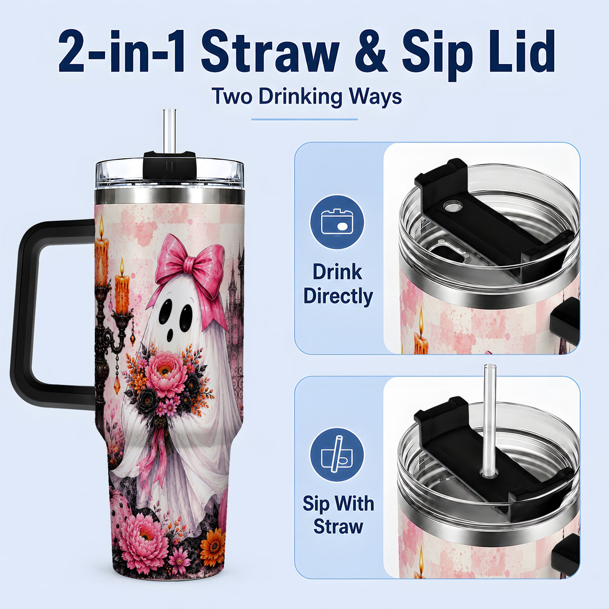 #pl[40oz|Black] Pink Gothic Ghost Halloween 40oz Tumbler, Floral Spooky Artwork