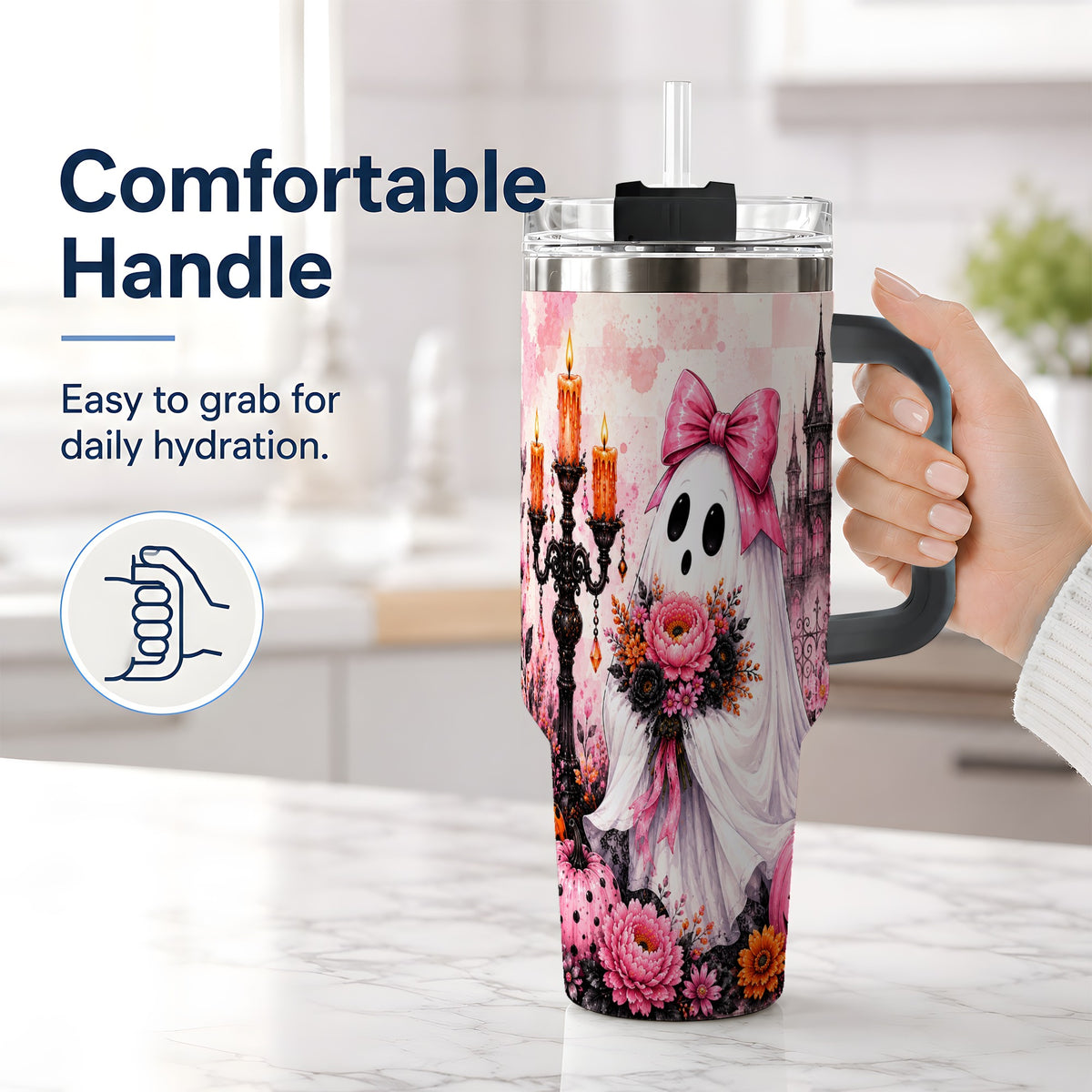 #pl[40oz|Black] Pink Gothic Ghost Halloween 40oz Tumbler, Floral Spooky Artwork