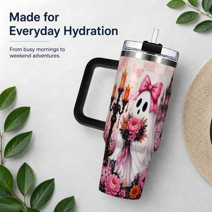 #pl[40oz|Black] Pink Gothic Ghost Halloween 40oz Tumbler, Floral Spooky Artwork