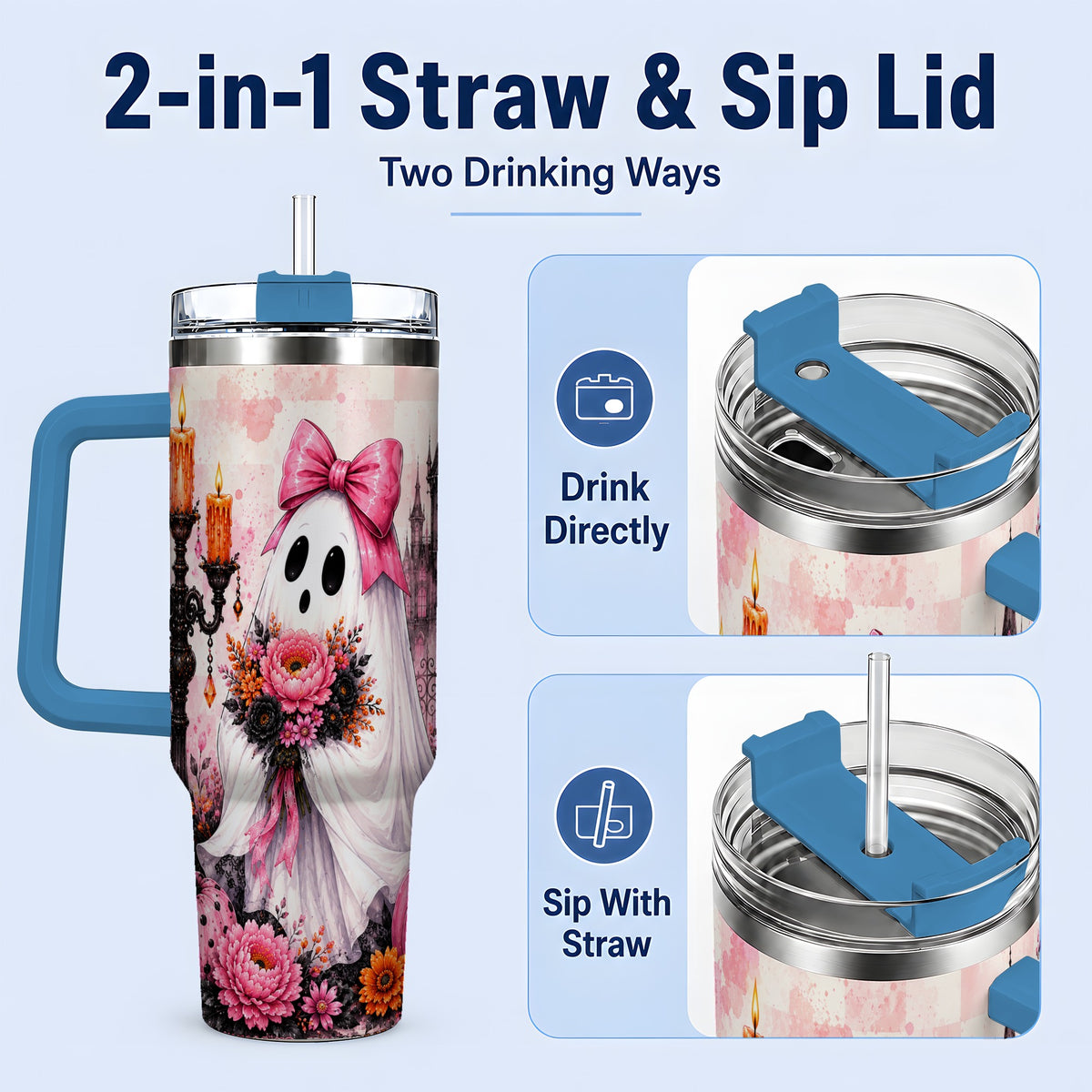 #pl[40oz|Blue] Pink Gothic Ghost Halloween 40oz Tumbler, Floral Spooky Artwork