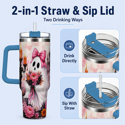 #pl[40oz|Blue] Pink Gothic Ghost Halloween 40oz Tumbler, Floral Spooky Artwork