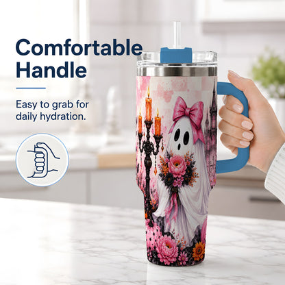 #pl[40oz|Blue] Pink Gothic Ghost Halloween 40oz Tumbler, Floral Spooky Artwork