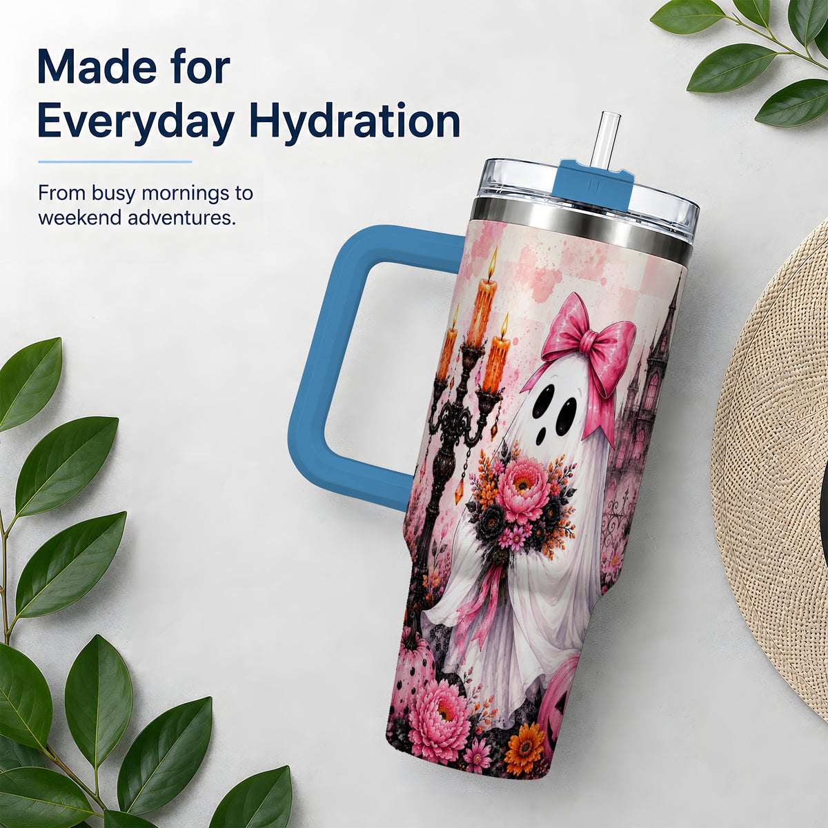 #pl[40oz|Blue] Pink Gothic Ghost Halloween 40oz Tumbler, Floral Spooky Artwork