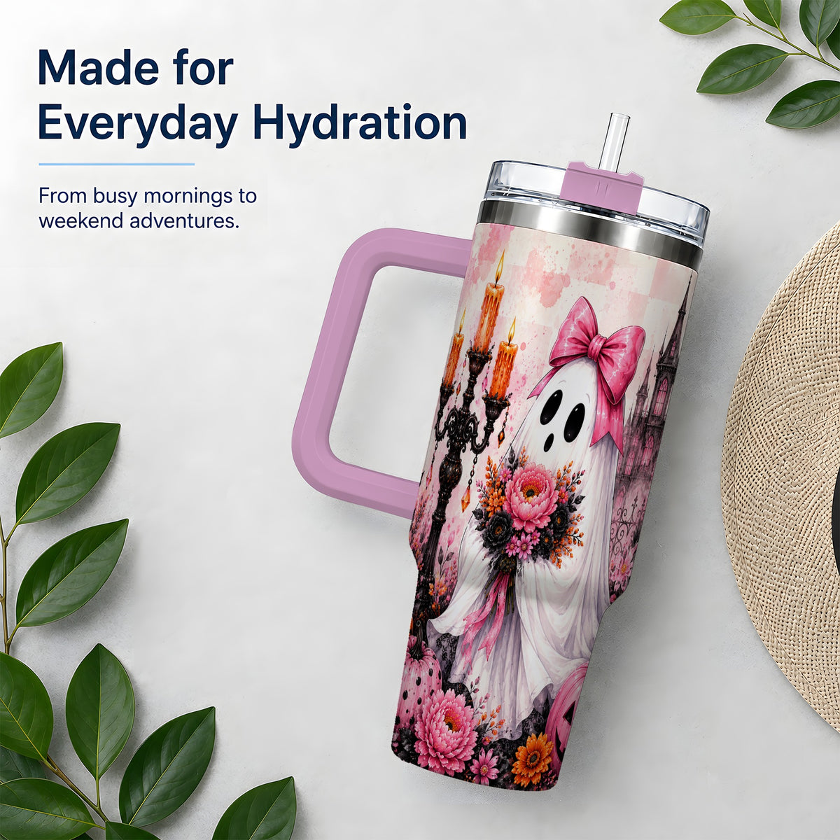 #pl[40oz|Pink] Pink Gothic Ghost Halloween 40oz Tumbler, Floral Spooky Artwork