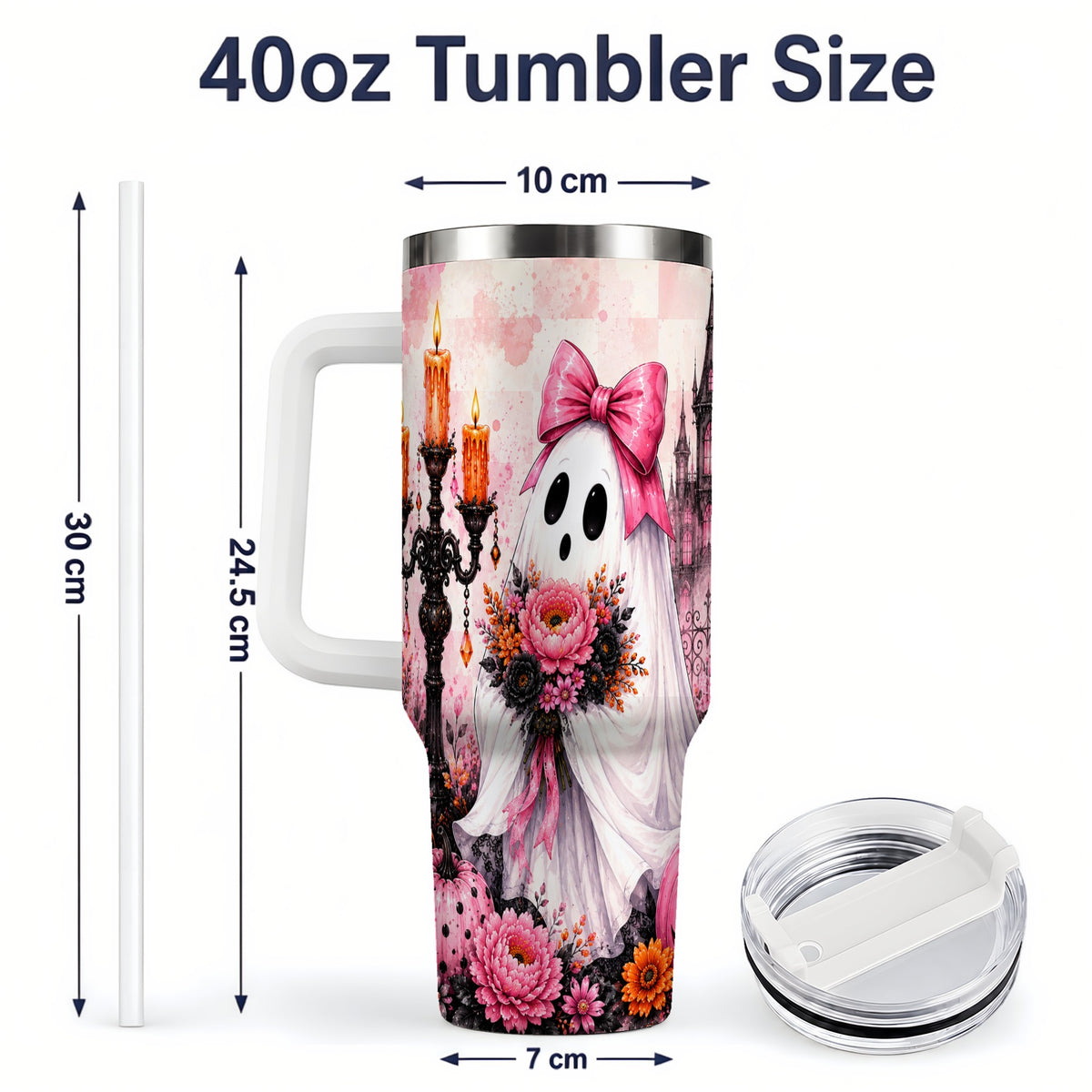 #pl[40oz|White] Pink Gothic Ghost Halloween 40oz Tumbler, Floral Spooky Artwork