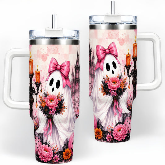 Pink Gothic Ghost Halloween 40oz Tumbler, Floral Spooky Artwork