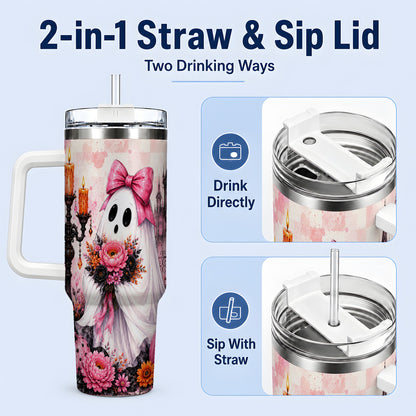 #pl[40oz|White] Pink Gothic Ghost Halloween 40oz Tumbler, Floral Spooky Artwork