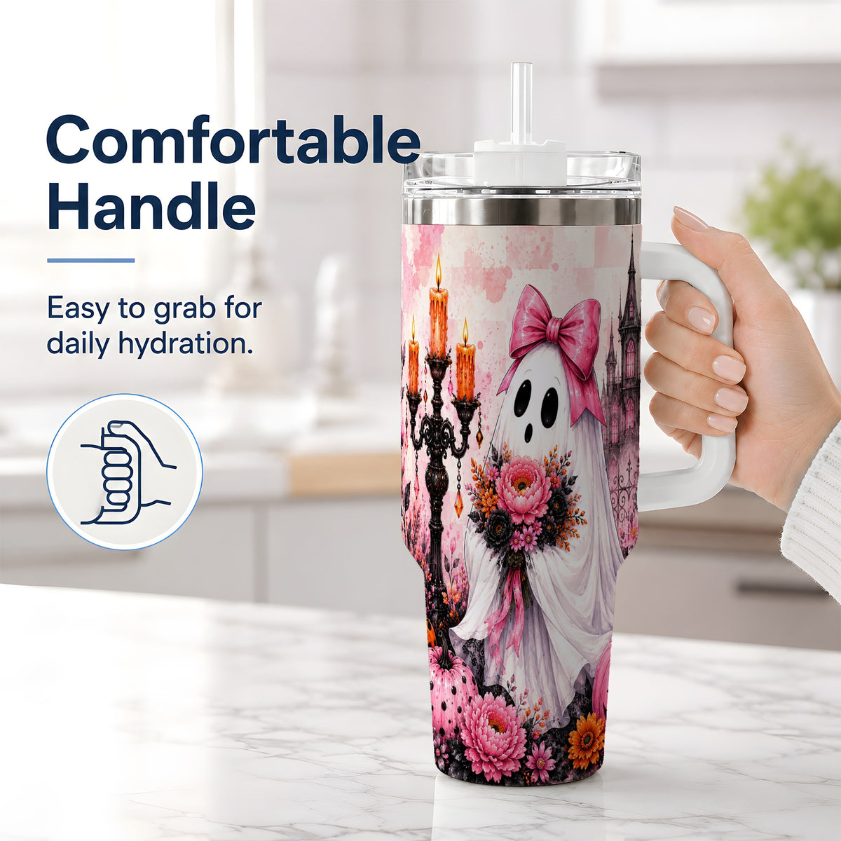 #pl[40oz|White] Pink Gothic Ghost Halloween 40oz Tumbler, Floral Spooky Artwork