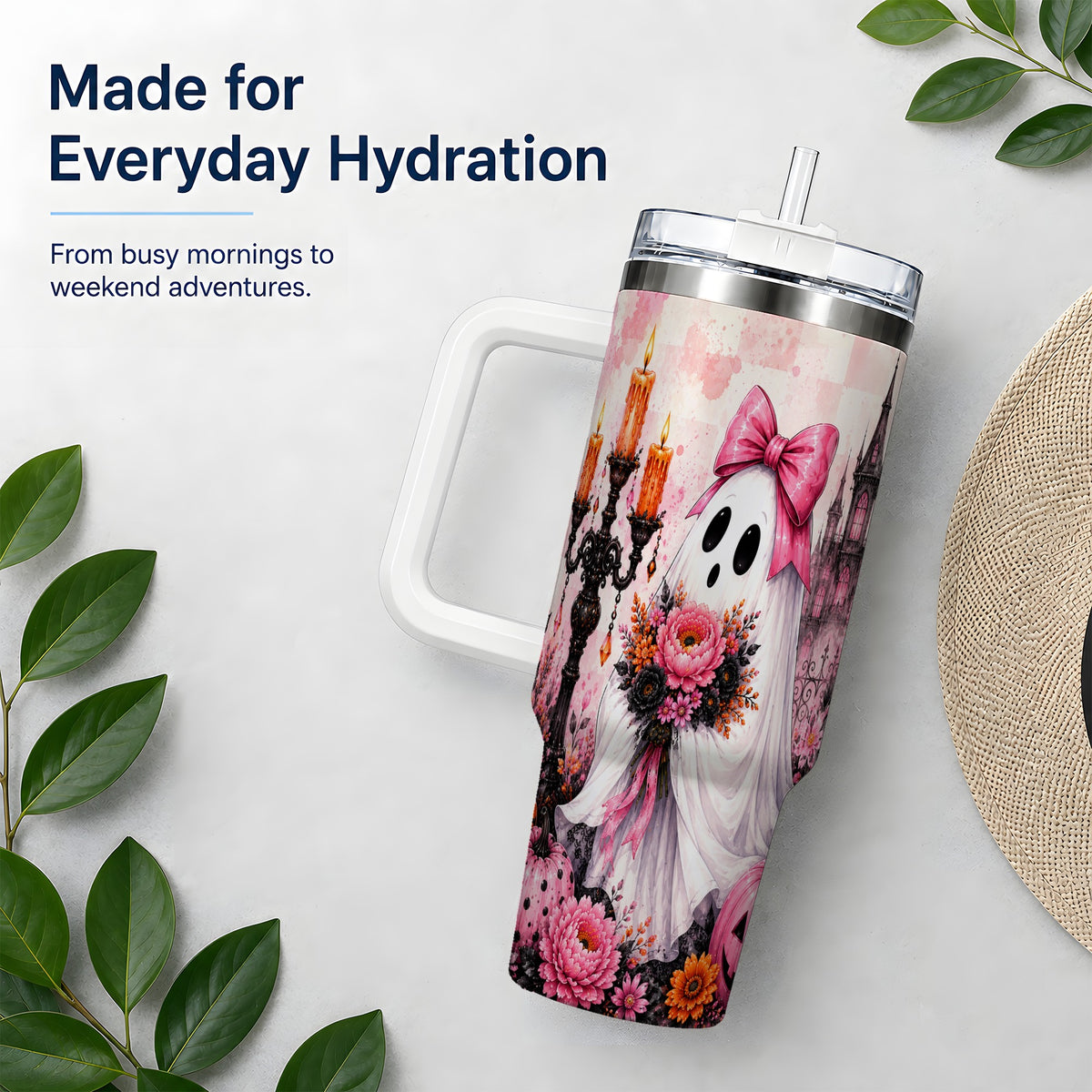#pl[40oz|White] Pink Gothic Ghost Halloween 40oz Tumbler, Floral Spooky Artwork