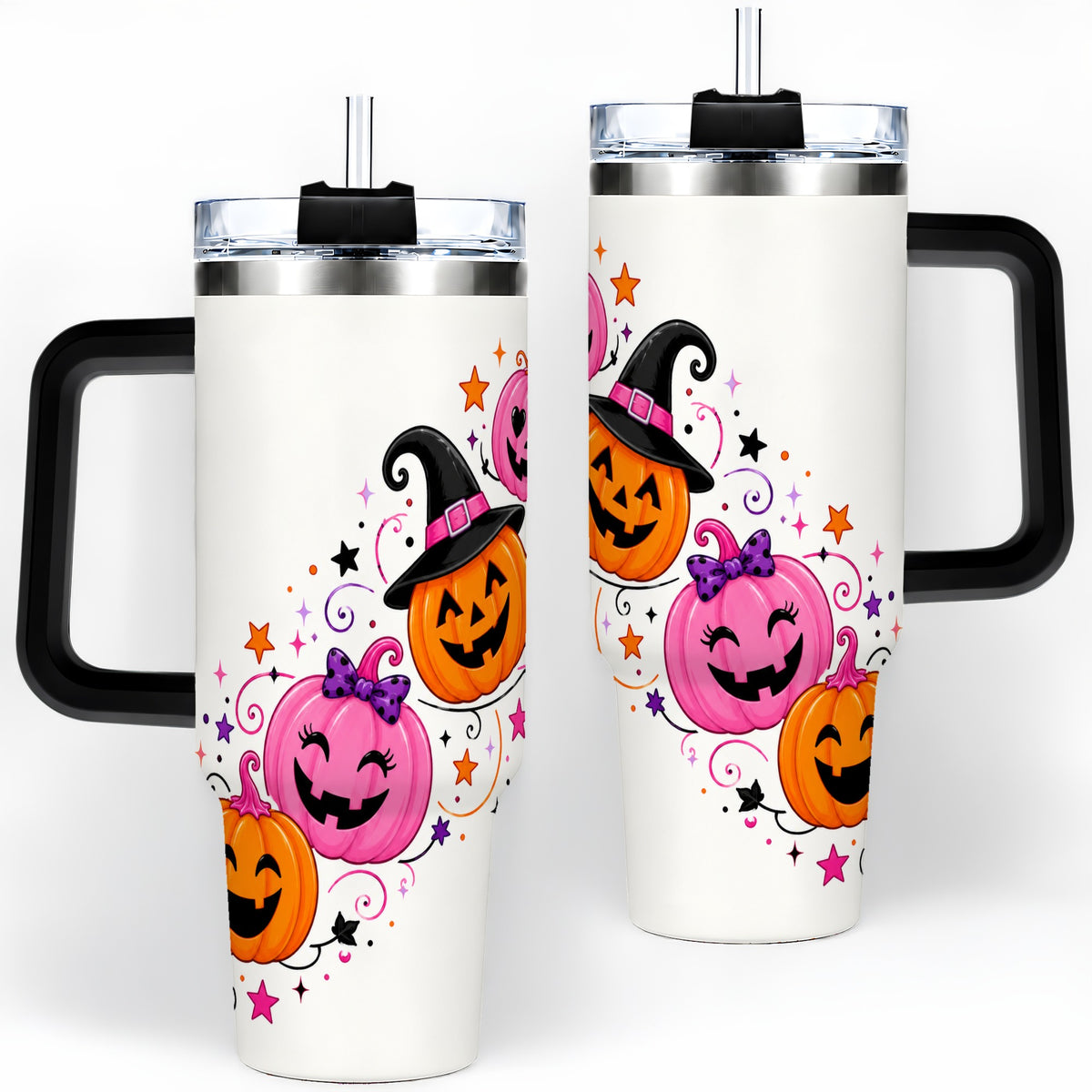 #pl[40oz|Black] Cute Pink Pumpkin Halloween 40oz Tumbler, Colorful Jack O Lantern Art