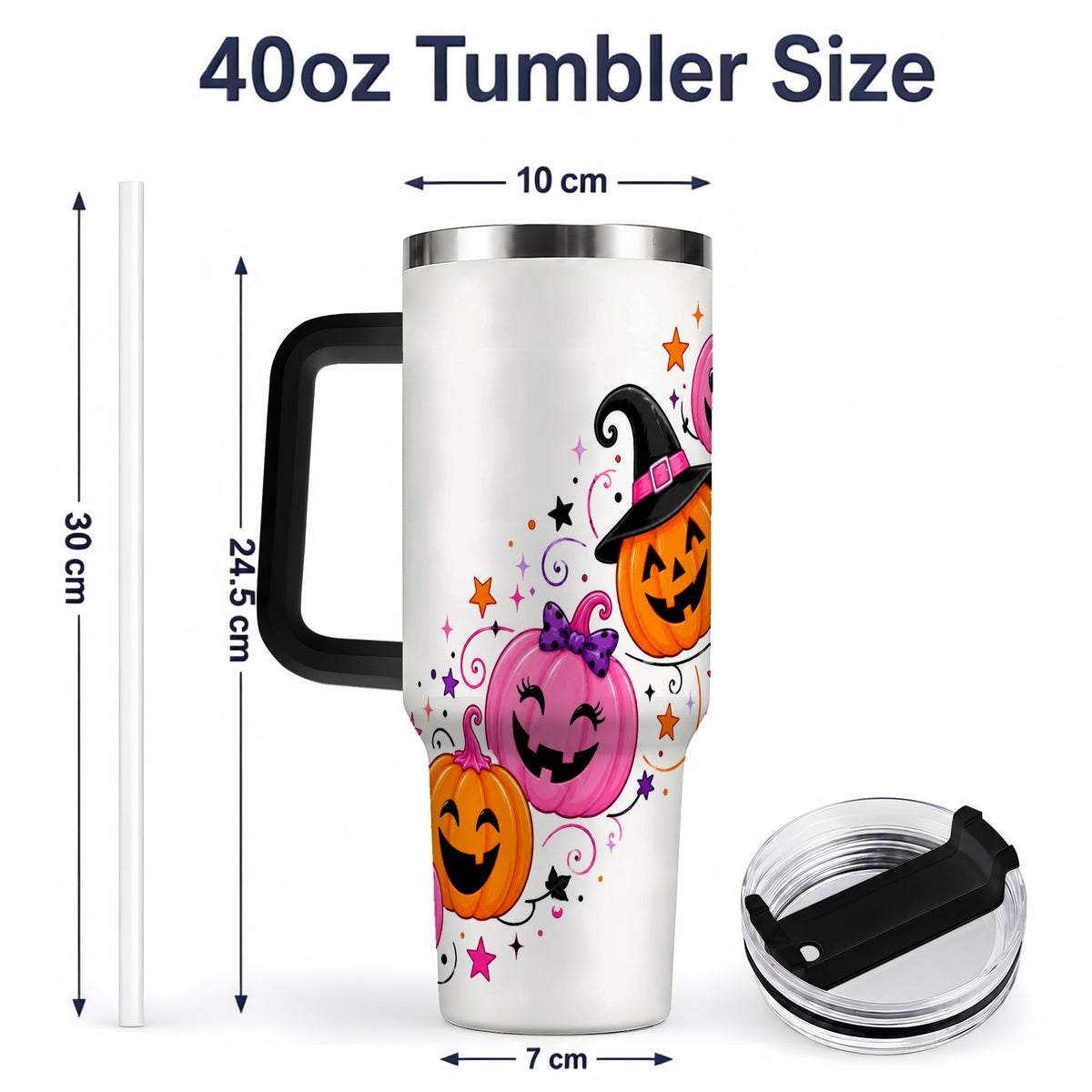#pl[40oz|Black] Cute Pink Pumpkin Halloween 40oz Tumbler, Colorful Jack O Lantern Art