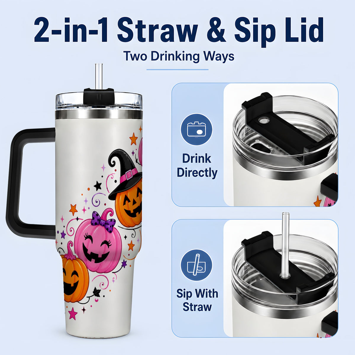 #pl[40oz|Black] Cute Pink Pumpkin Halloween 40oz Tumbler, Colorful Jack O Lantern Art