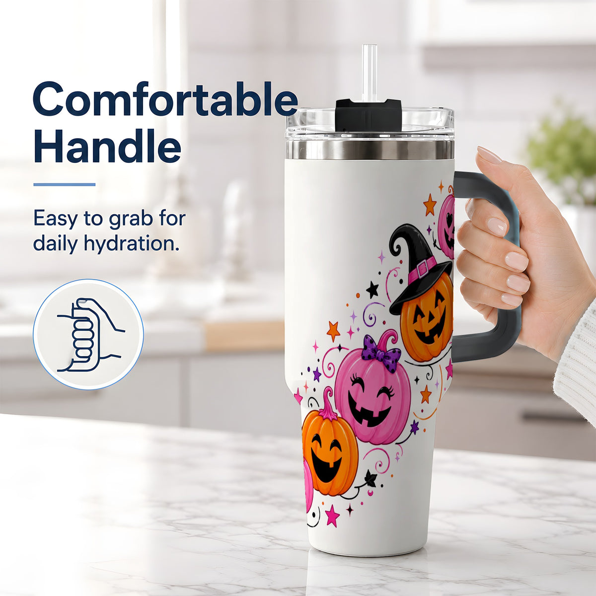 #pl[40oz|Black] Cute Pink Pumpkin Halloween 40oz Tumbler, Colorful Jack O Lantern Art