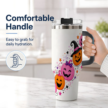 #pl[40oz|Black] Cute Pink Pumpkin Halloween 40oz Tumbler, Colorful Jack O Lantern Art