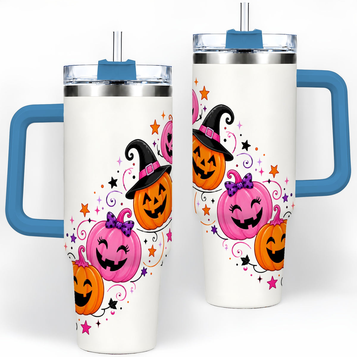 #pl[40oz|Blue] Cute Pink Pumpkin Halloween 40oz Tumbler, Colorful Jack O Lantern Art