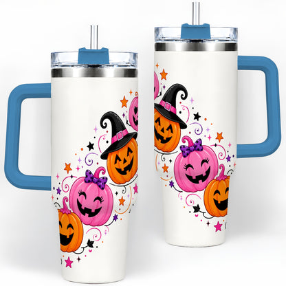 #pl[40oz|Blue] Cute Pink Pumpkin Halloween 40oz Tumbler, Colorful Jack O Lantern Art
