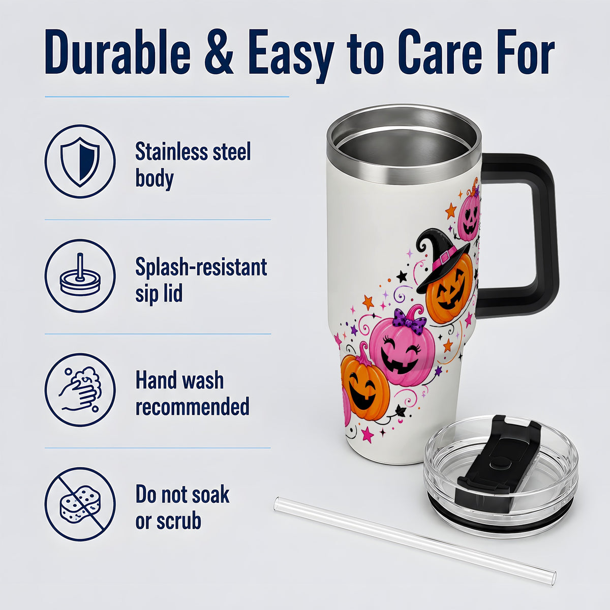 #pl[40oz|Black] Cute Pink Pumpkin Halloween 40oz Tumbler, Colorful Jack O Lantern Art
