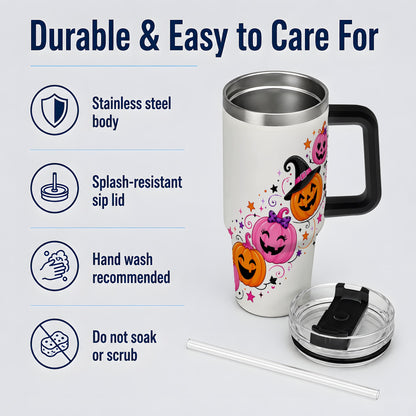#pl[40oz|Black] Cute Pink Pumpkin Halloween 40oz Tumbler, Colorful Jack O Lantern Art