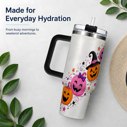 #pl[40oz|Black] Cute Pink Pumpkin Halloween 40oz Tumbler, Colorful Jack O Lantern Art