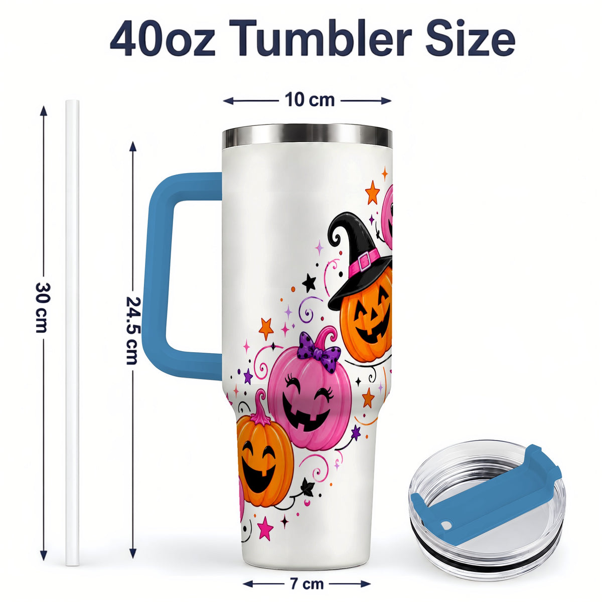 #pl[40oz|Blue] Cute Pink Pumpkin Halloween 40oz Tumbler, Colorful Jack O Lantern Art