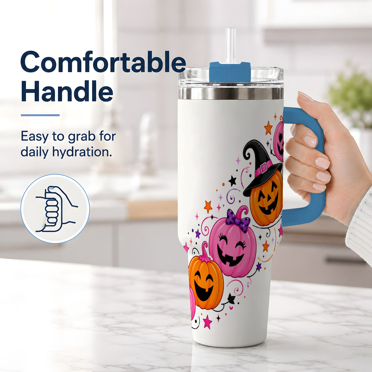 #pl[40oz|Blue] Cute Pink Pumpkin Halloween 40oz Tumbler, Colorful Jack O Lantern Art