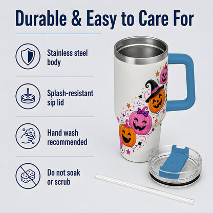 #pl[40oz|Blue] Cute Pink Pumpkin Halloween 40oz Tumbler, Colorful Jack O Lantern Art