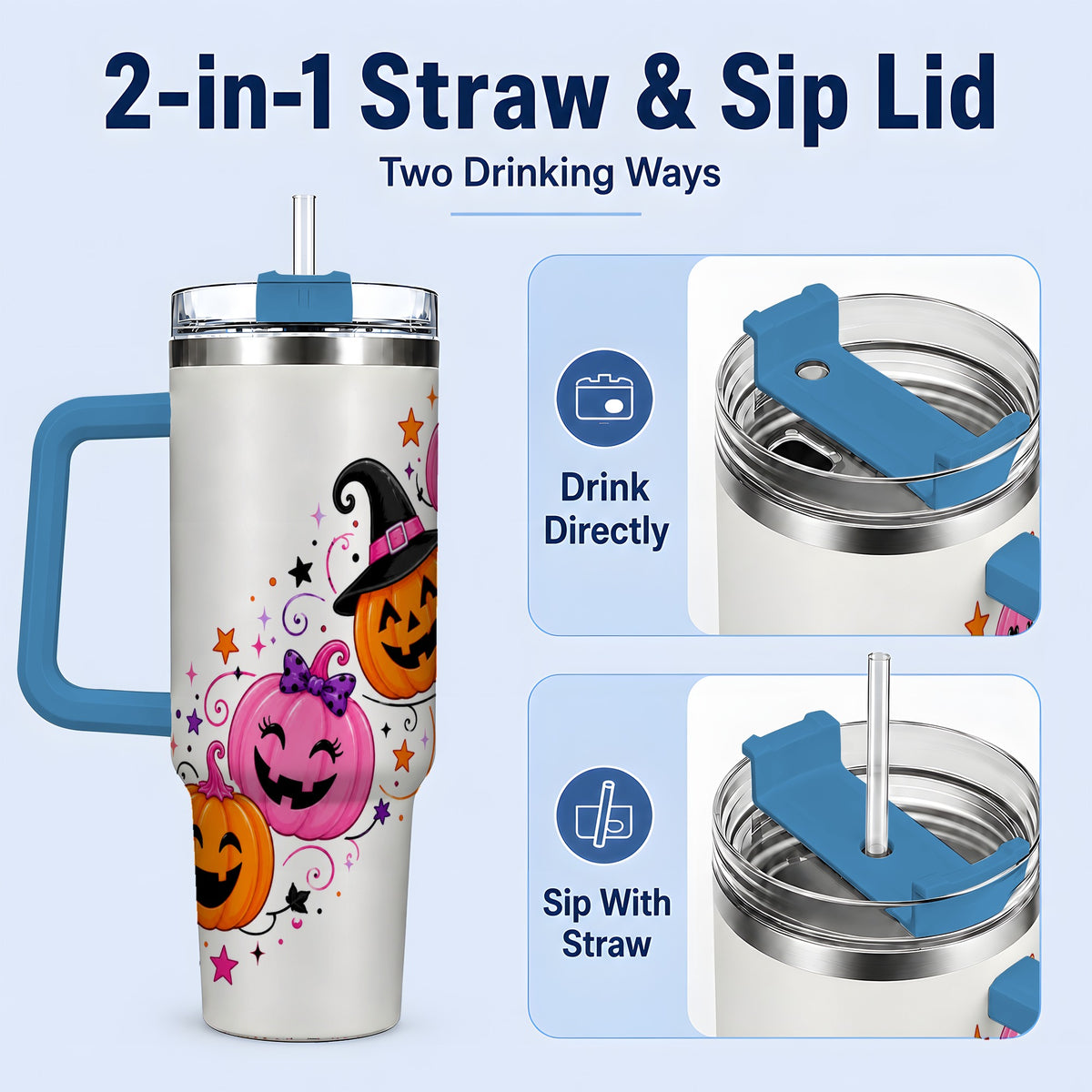 #pl[40oz|Blue] Cute Pink Pumpkin Halloween 40oz Tumbler, Colorful Jack O Lantern Art