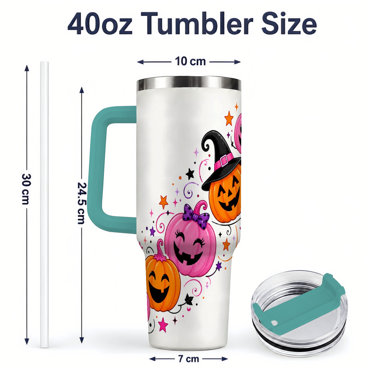 #pl[40oz|Green] Cute Pink Pumpkin Halloween 40oz Tumbler, Colorful Jack O Lantern Art
