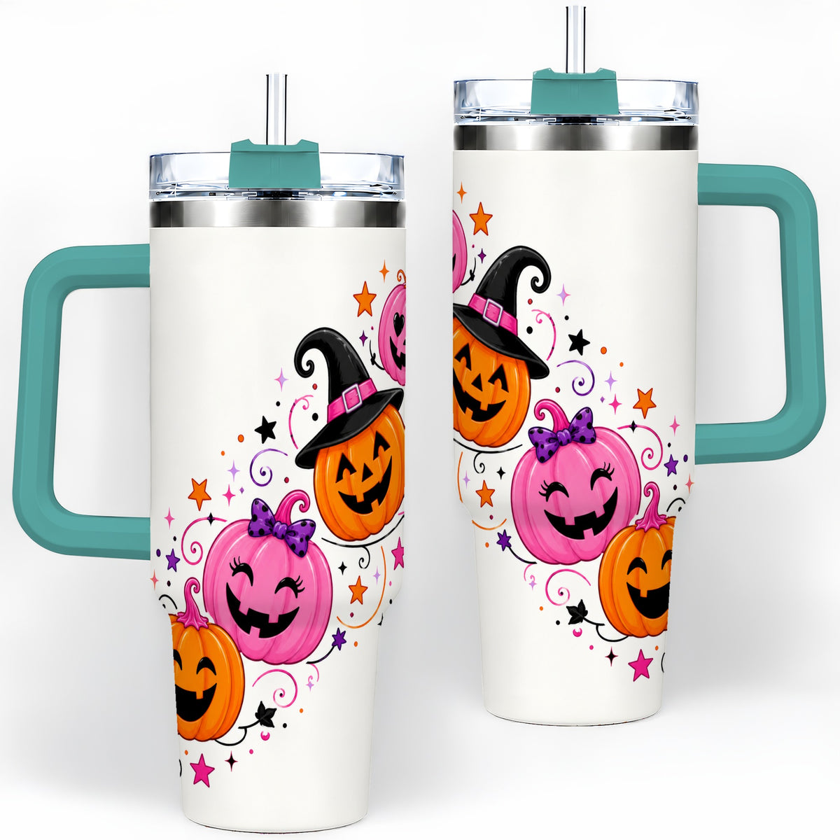 #pl[40oz|Green] Cute Pink Pumpkin Halloween 40oz Tumbler, Colorful Jack O Lantern Art