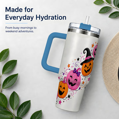 #pl[40oz|Blue] Cute Pink Pumpkin Halloween 40oz Tumbler, Colorful Jack O Lantern Art
